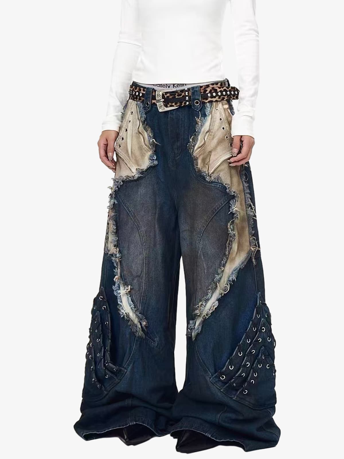 Retro Distressed Studded Heavy-Duty Functional Jeans 