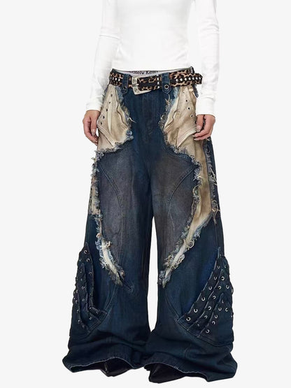 Retro Distressed Studded Heavy-Duty Functional Jeans 
