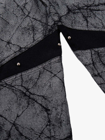 Cotton Blend Wide Leg Pants with Cracked Print and Black Panel Details 