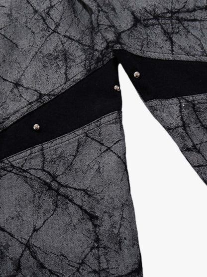 Cotton Blend Wide Leg Pants with Cracked Print and Black Panel Details 