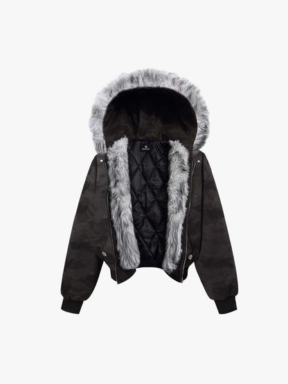 Camoflage Faux Fur Collar Zip Design Bomber Jacket 