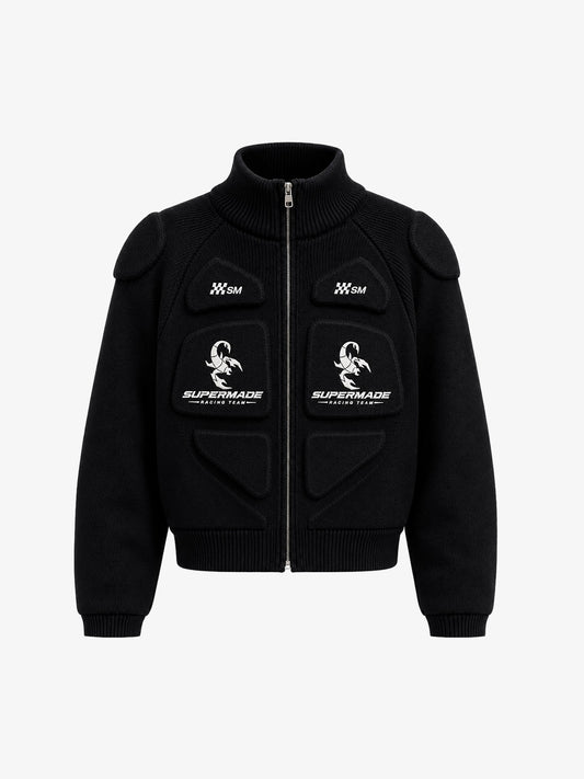 Scorpion Embroidered Padded Cropped Zip Sweater