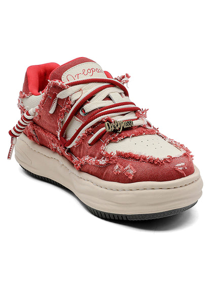 Washed Denim Low-Top Raw Edge Sneakers 