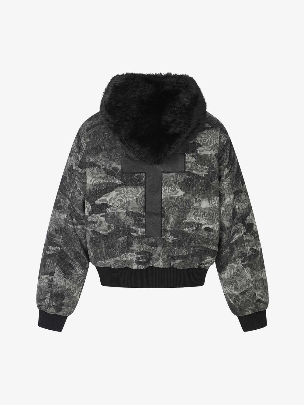 Floral Camo Faux-Fur Collar Padded Bomber Coat