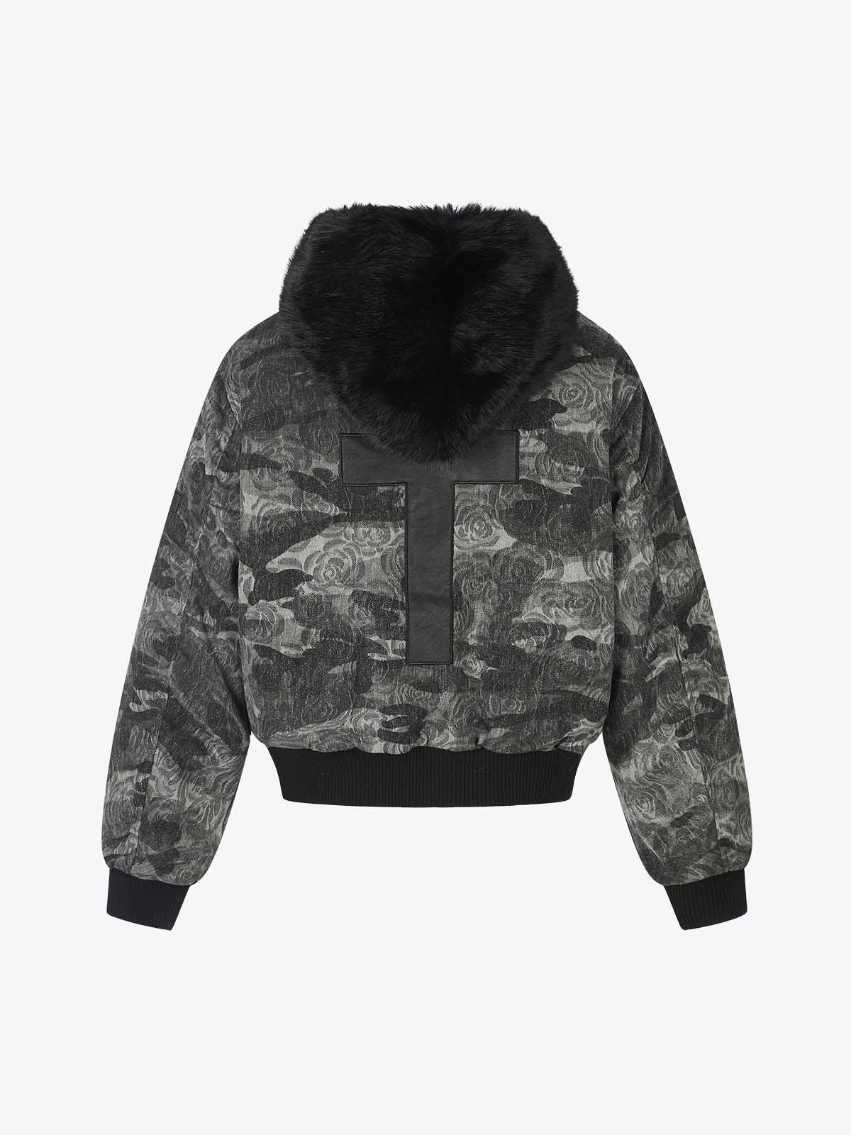 Floral Camo Faux-Fur Collar Padded Bomber Coat