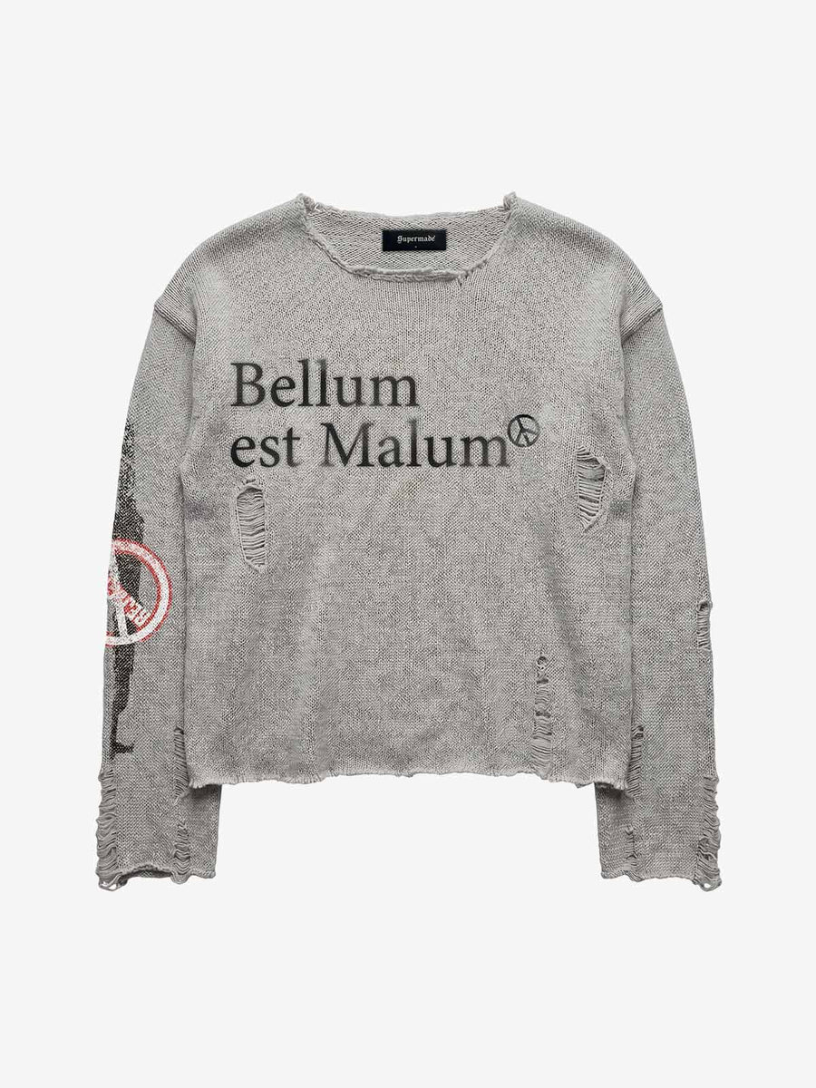 Distressed Graphic Ripped Pullover Sweater in light grey