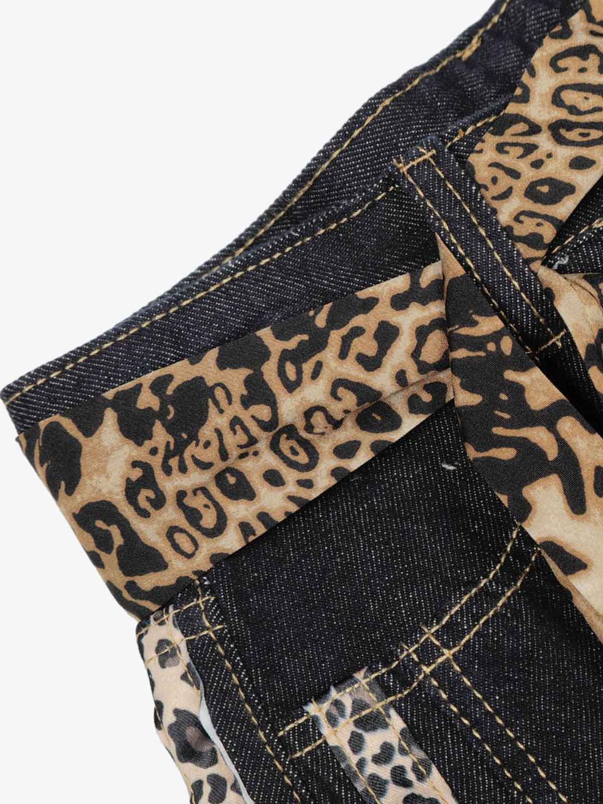 Denim Leopard Print Wide Leg Trousers with Belted Waist and Side Stripes 