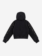Pearl Studded Washed Distressed Cropped Hoodie