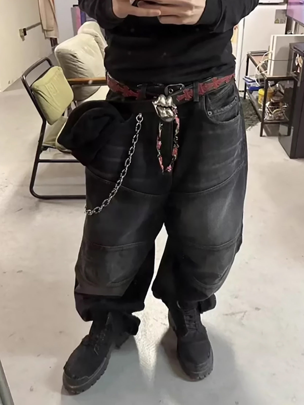 Wide-Leg Denim Trousers with Unique Floral Drawstring and Bold Street Style Design 