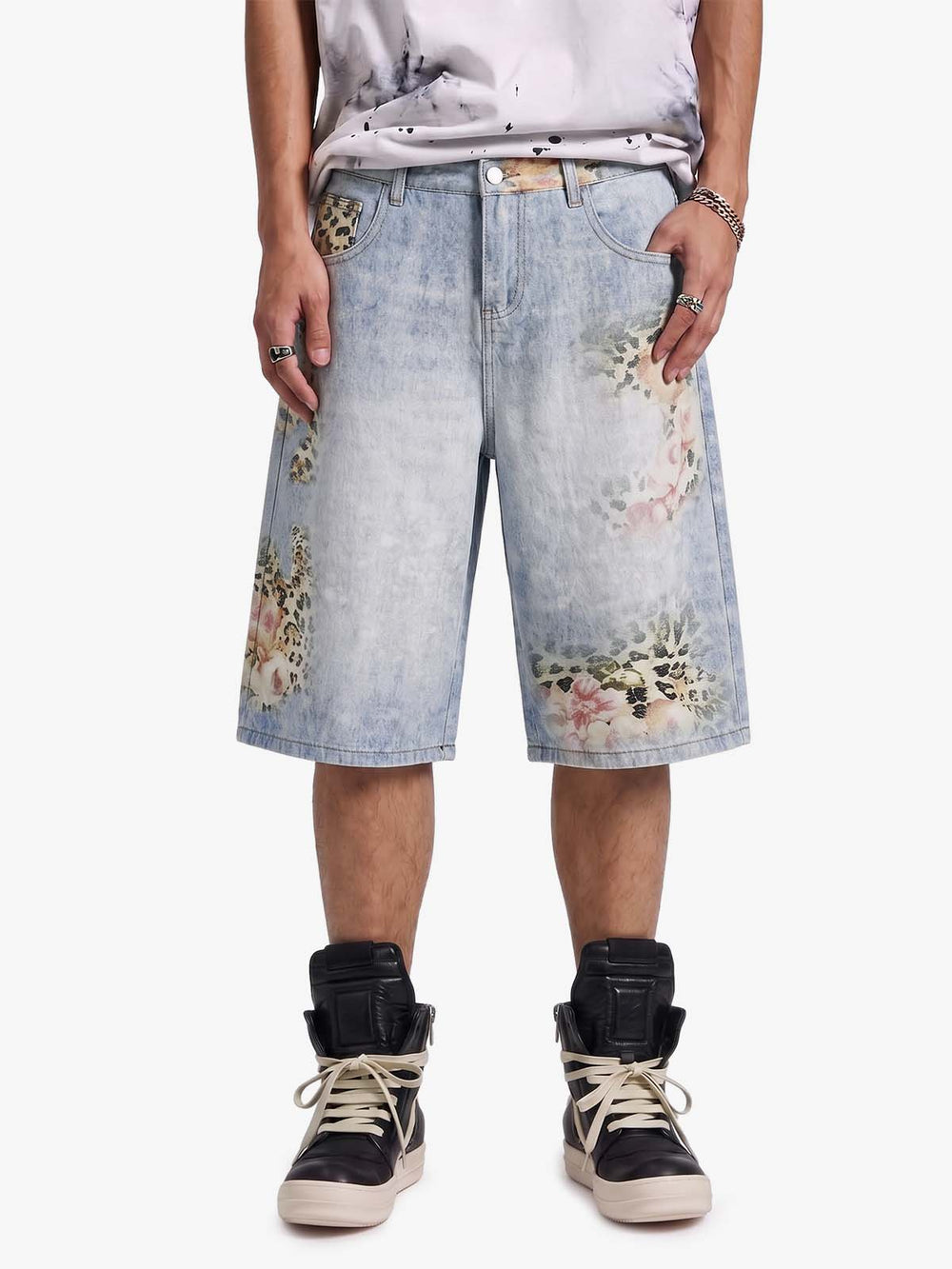 Light Wash Denim Shorts with Floral & Leopard Details