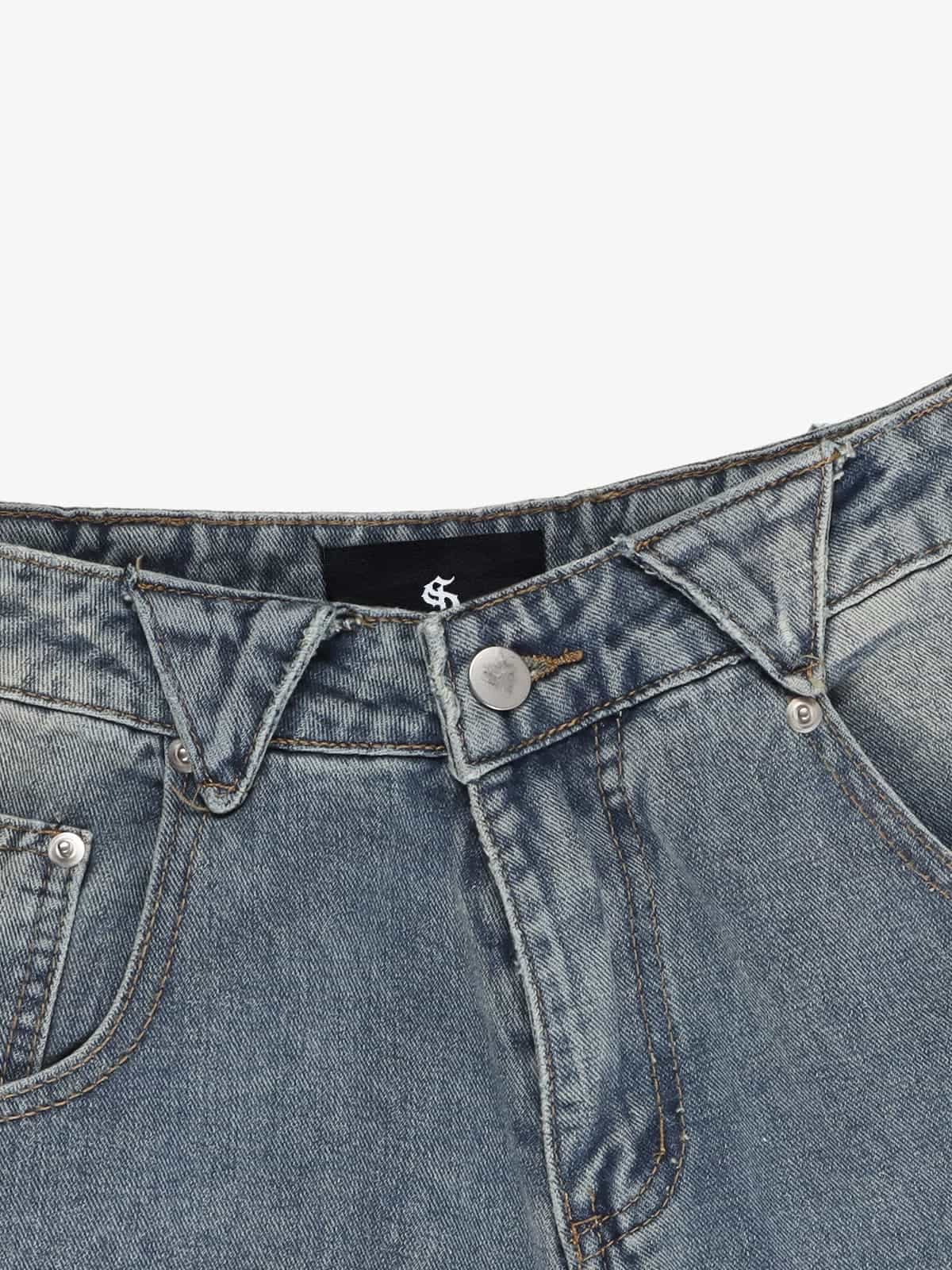Retro Patchwork Frayed-Edge Heavy-Duty Jeans 