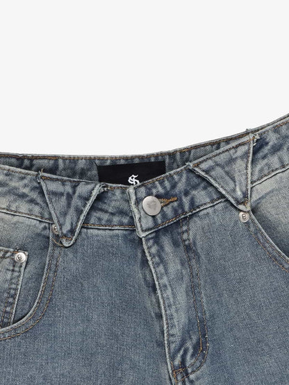 Retro Patchwork Frayed-Edge Heavy-Duty Jeans 