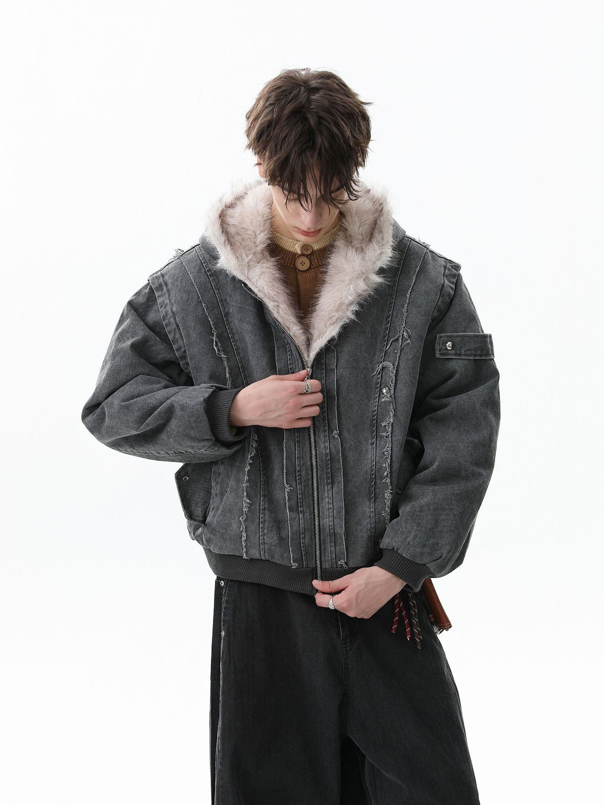 Retro Washed Fleece-lined Hooded Work Jacket 