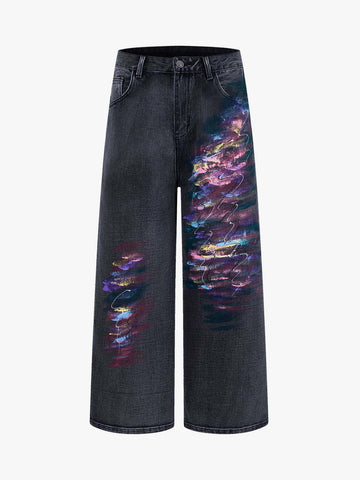 Retro Distressed Colorful Graffiti Art Print Jeans 