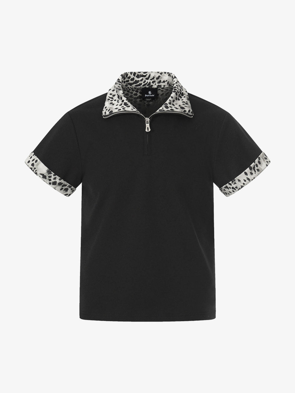 Leopard Trim Half Zip Polo T-Shirt 