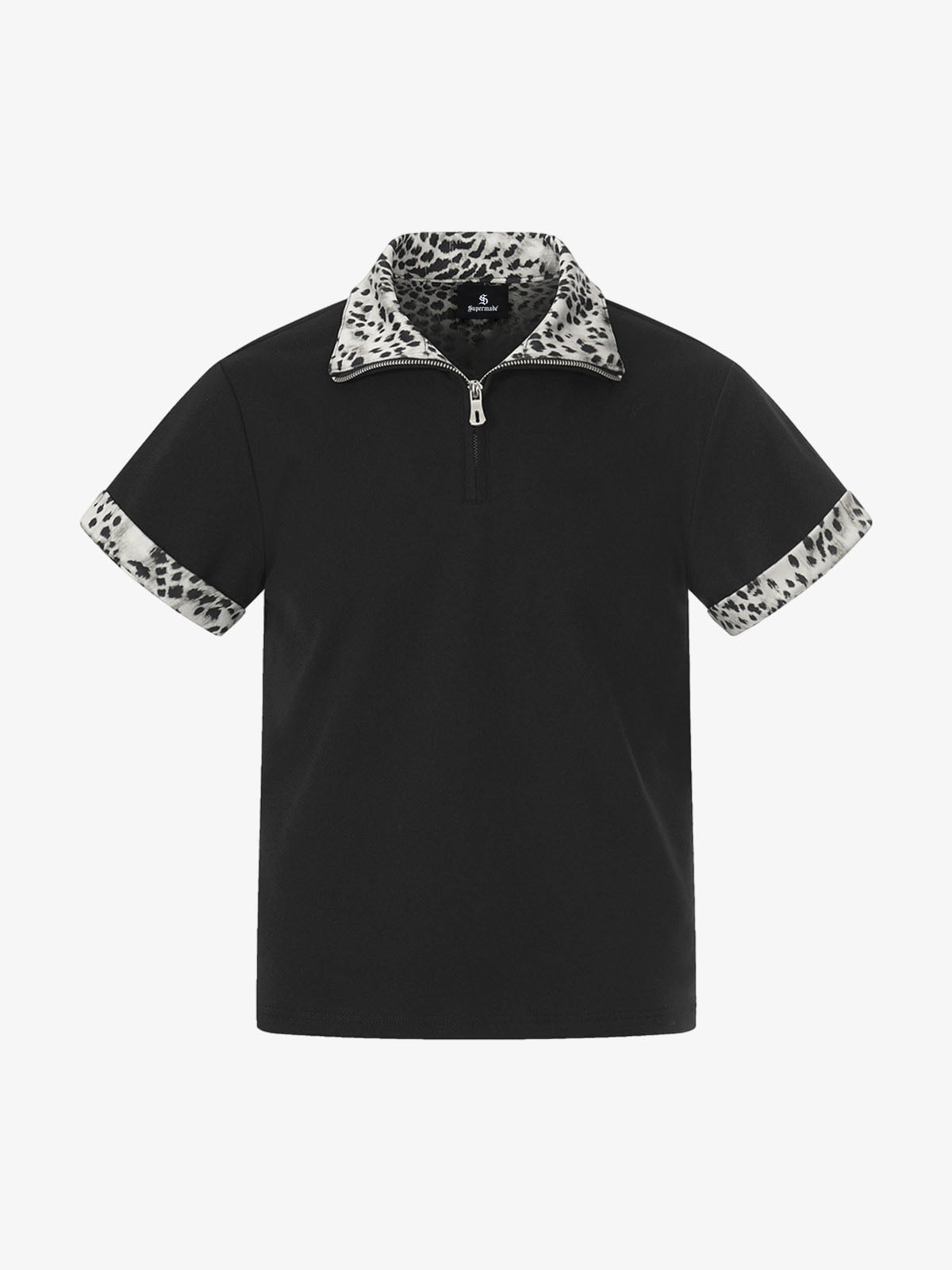 Leopard Trim Half Zip Polo T-Shirt 