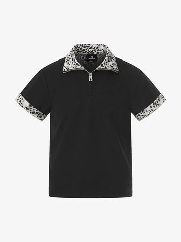 Leopard Trim Half Zip Polo T-Shirt 