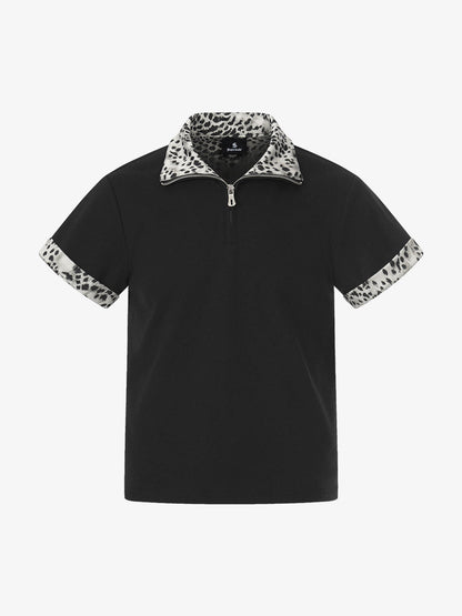 Leopard Trim Half Zip Polo T-Shirt 