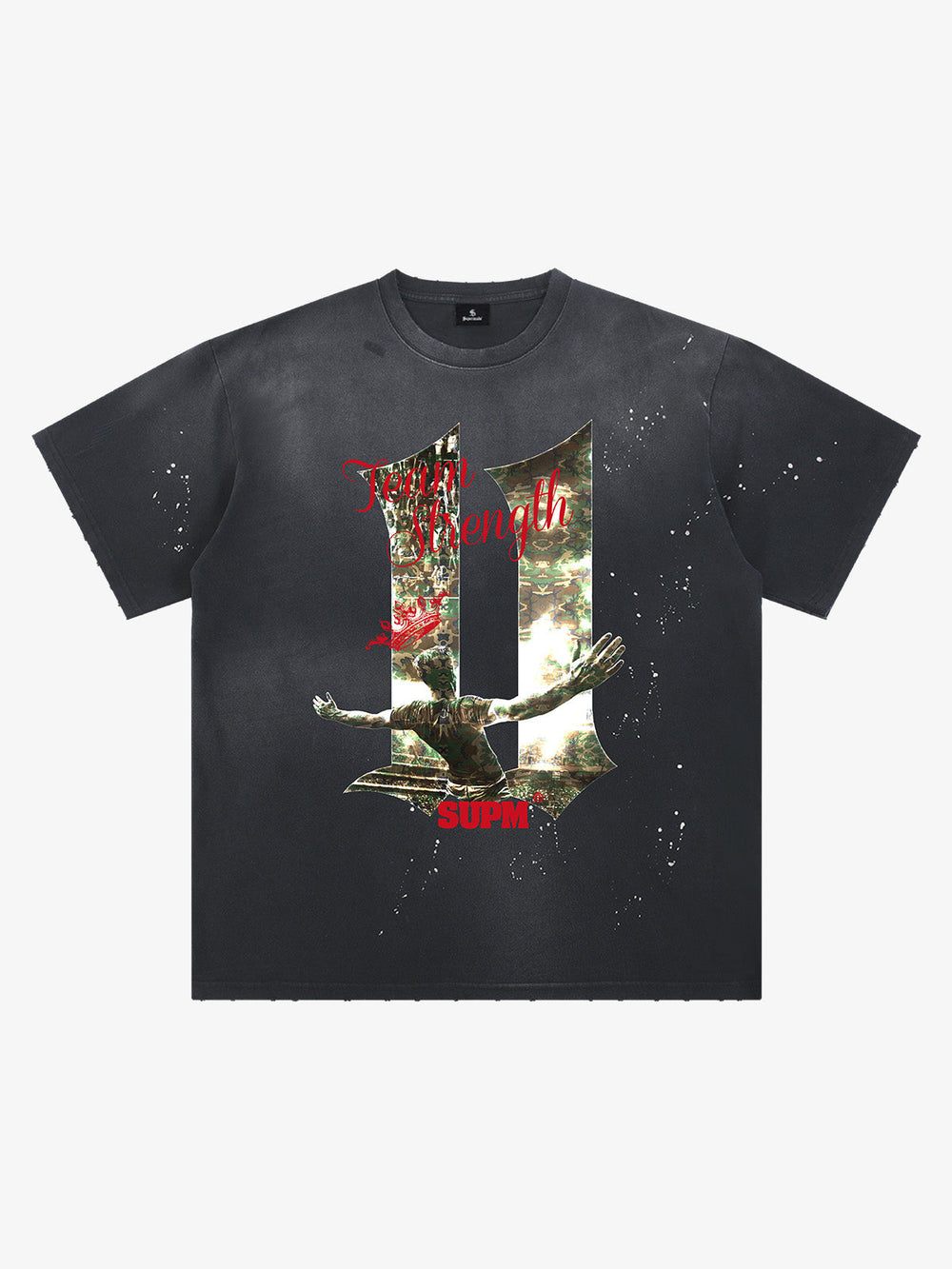Washed Distressed "Team Strength 11" Graphic T-Shirt 
