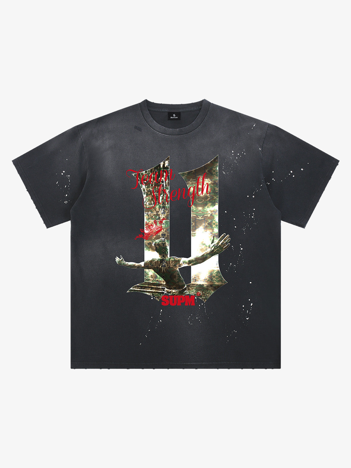 Washed Distressed "Team Strength 11" Graphic T-Shirt 