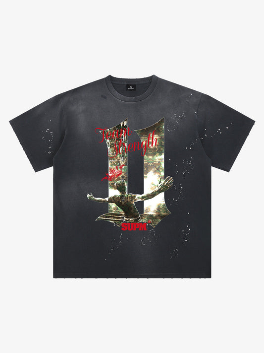 Unisex distressed loose-fitting cotton short-sleeved T-shirts featuring a print of the "11" team strength from the FIFA World Cup and a splatter-wash finish. 