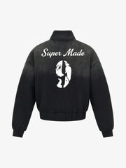 Retro Monkey Heavy-Duty Badge Print Gradient Distressed Streetwear Jacket