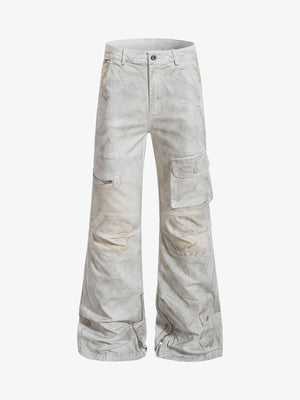 Cotton Blend Wide Leg Cargo Pants with Zipper Pockets and Utility Design 