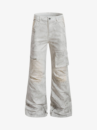 Cotton Blend Wide Leg Cargo Pants with Zipper Pockets and Utility Design 