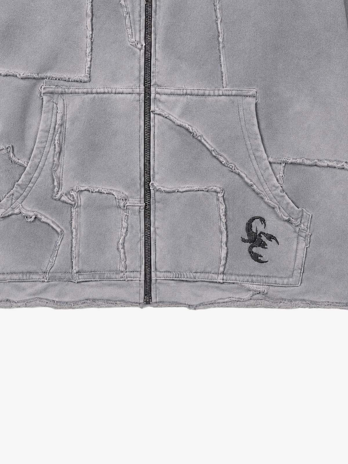 Spray-Dyed Paneled Distressed Zip Hoodie