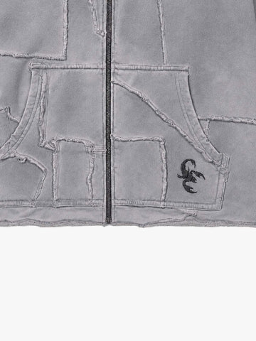 Spray-Dyed Paneled Distressed Zip Hoodie
