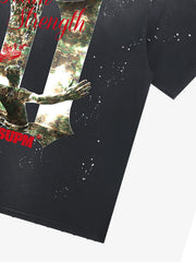 Unisex distressed loose-fitting cotton short-sleeved T-shirts featuring a print of the "11" team strength from the FIFA World Cup and a splatter-wash finish. 