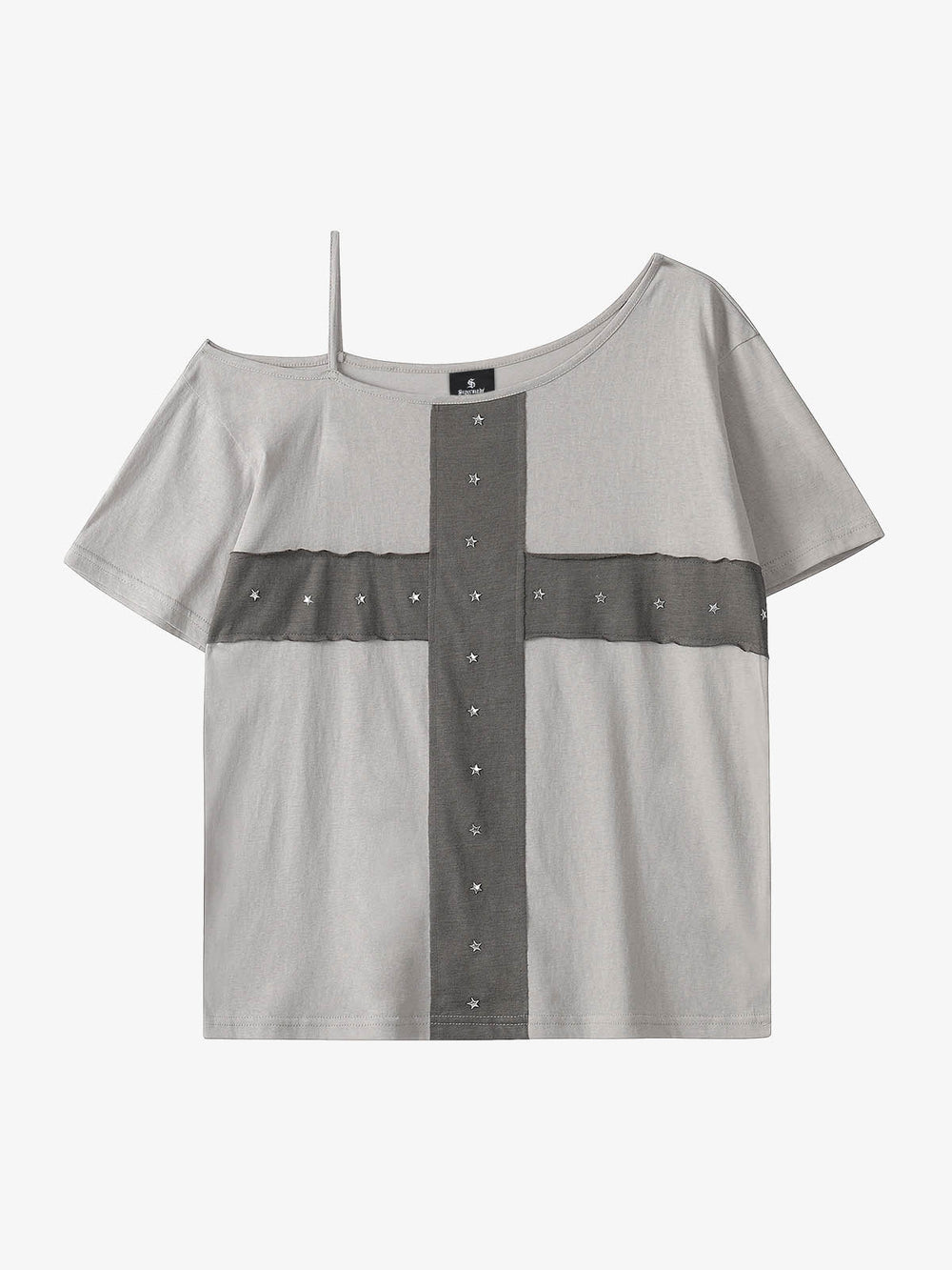 Cross Applique Off-Shoulder T-Shirt