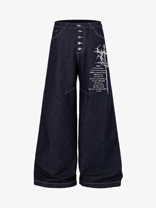 Dunkle Jeans mit Grafik und mehreren Knöpfen