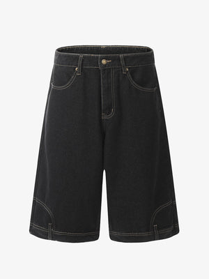 Denim Wide Leg Shorts with Skeleton Logo Embroidery and Patch Detail 