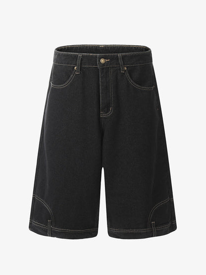 Denim Wide Leg Shorts with Skeleton Logo Embroidery and Patch Detail 