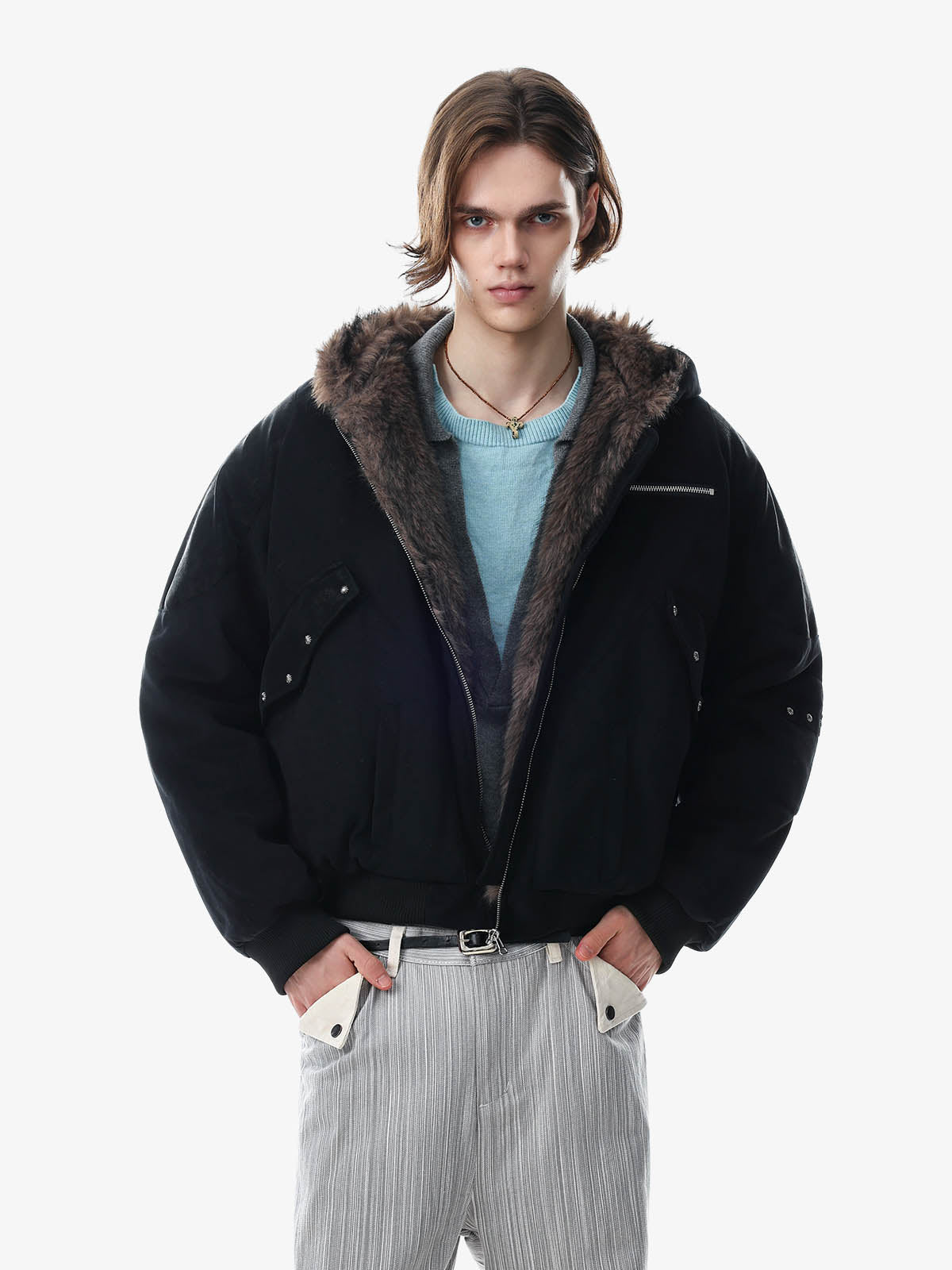Faux-Fur Lined Multi-Zip Hooded Coat