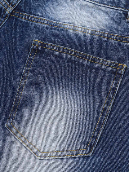Distressed Washed Workwear Denim Shirt And Jorts Set 