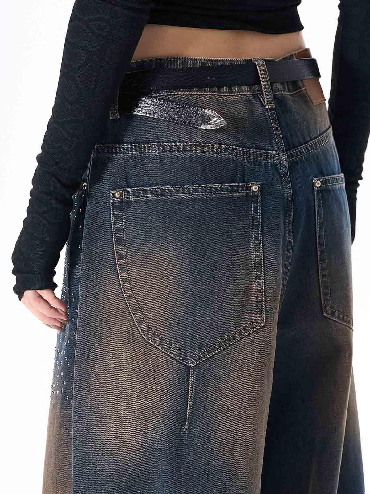 Gradient Wash Wide-Leg Jeans with Rhinestone Accents 