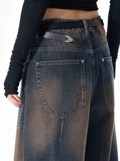 Gradient Wash Wide-Leg Jeans with Rhinestone Accents 