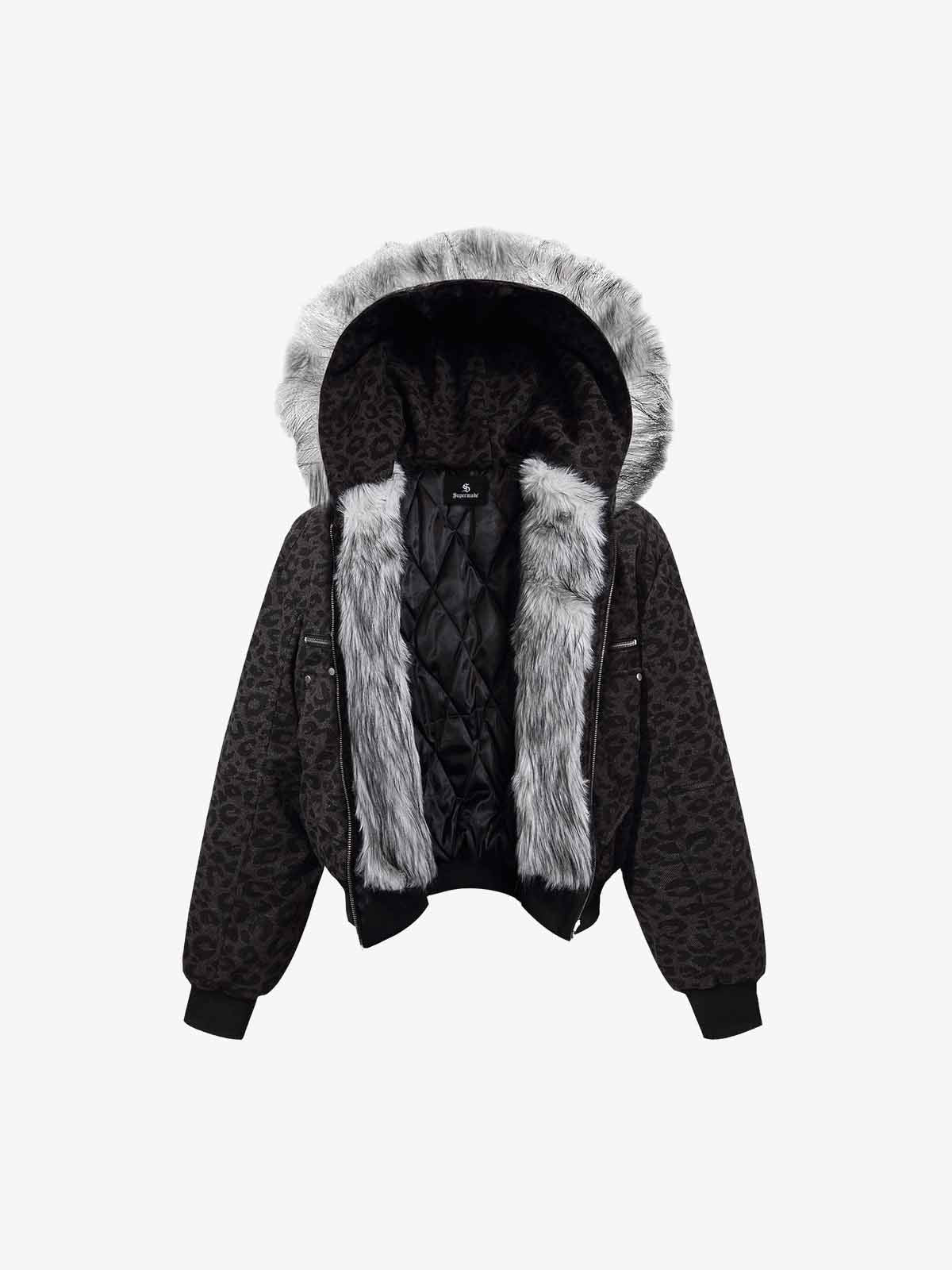 Retro Faux Fur Trimmed Hood Leopard Print Bomber Jacket 