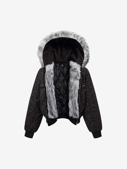 Retro Faux Fur Trimmed Hood Leopard Print Bomber Jacket 