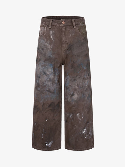 Retro Graffiti Painted Distressed Wide-Leg Jeans 