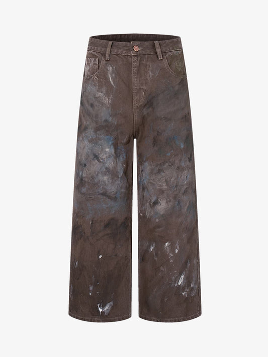 Retro Graffiti Painted Distressed Wide-Leg Jeans 