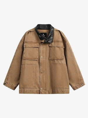 Leather Contrast Fold-Over Collar Multi Pocket Jacket