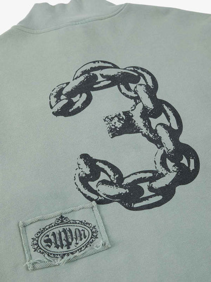 Cotton Blend Patchwork Bomber Jacket with Graphic Embroidery and Zipper Closure 