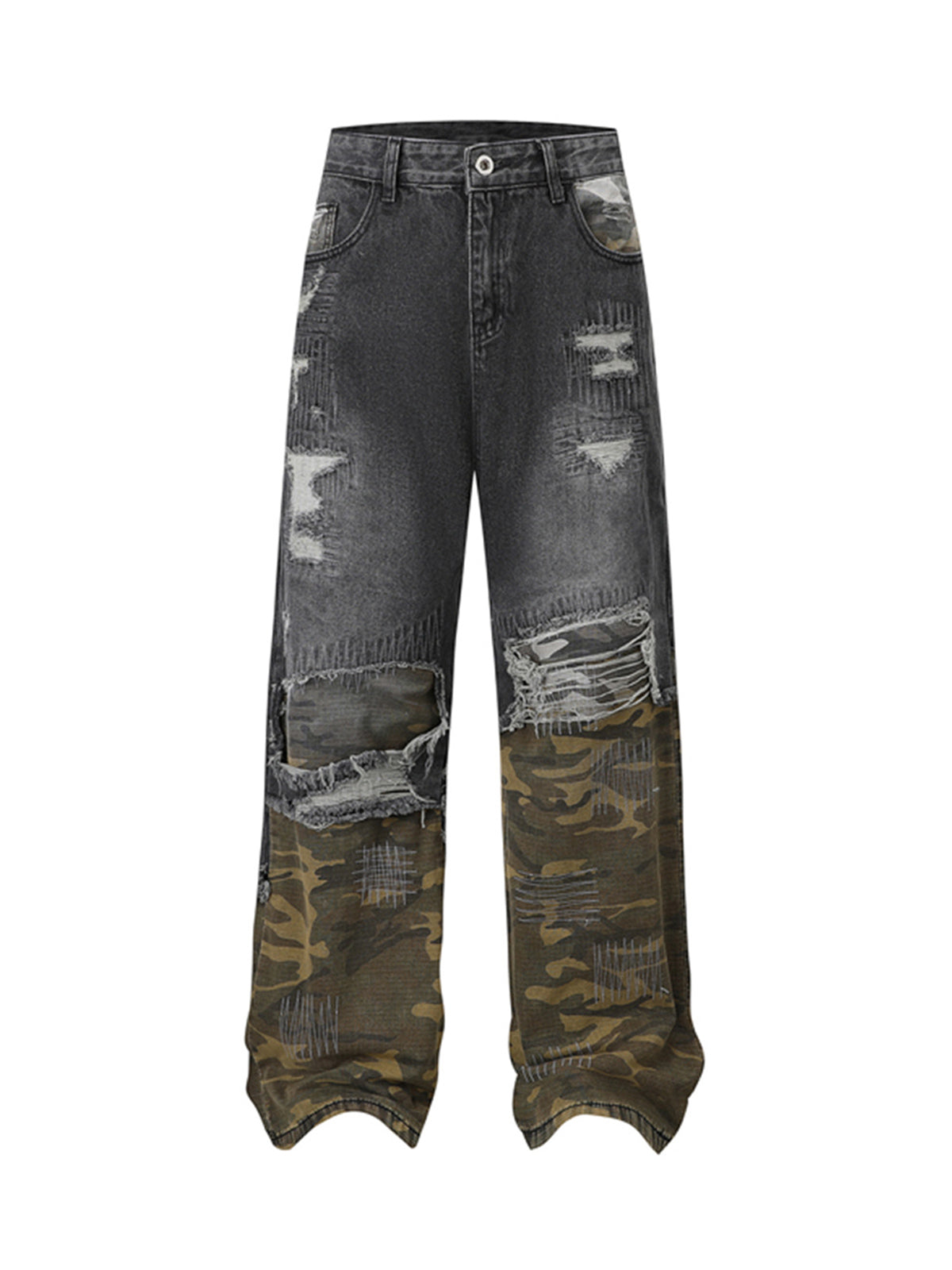 Distressed Camouflage Patchwork Jeans 