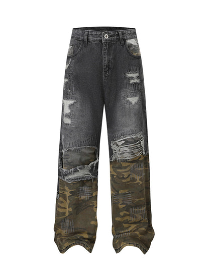 Distressed Camouflage Patchwork Jeans 