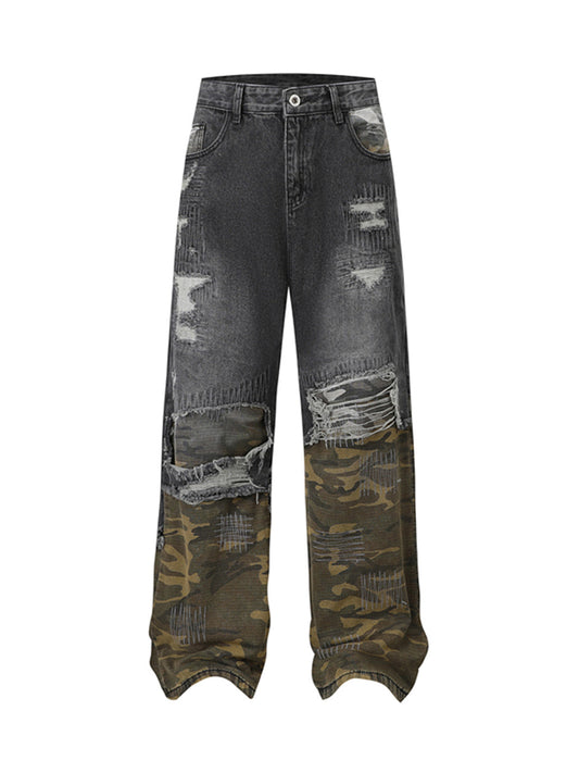 Distressed Camouflage Patchwork Jeans 