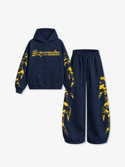 Waffle-Knit Camo Appliqué Embroidered Hoodie & Wide-Leg Sweatpants Set