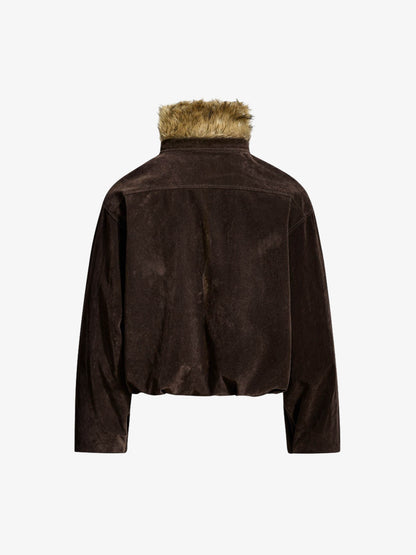 Detachable Fur-Trim Stand Collar Suede Zip-Up Jacket